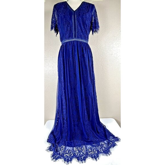 Merokeety Maxi Dress Lace Overlay Indigo Blue Boho Crochet Fringe Knit V Neck L - Picture 3 of 16
